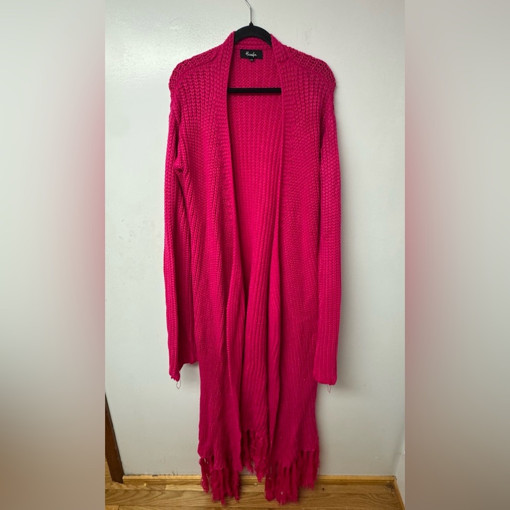 Hanifa Miya Pink Knit Duster Cardigan S/M Fringe Hem Open Front Missing Belt USA
